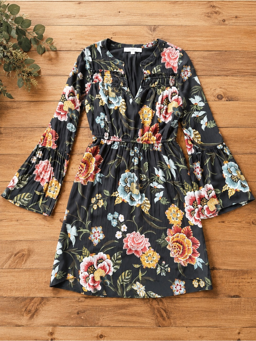 LOFT Black Floral V-Neck Bell Sleeve Dress